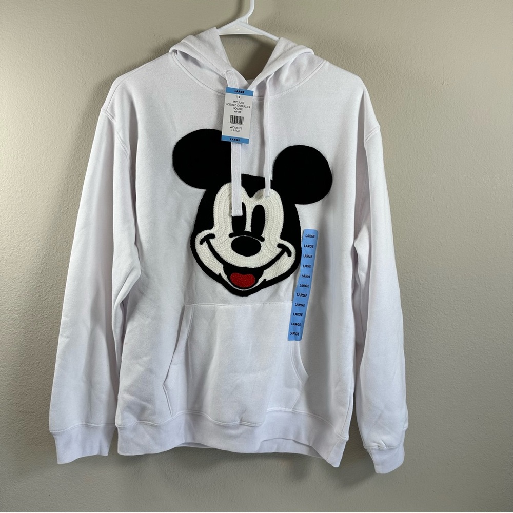 Disney Mickey Mouse Embroidery White Hoodie Large Pullover Sweatshirt NEW
